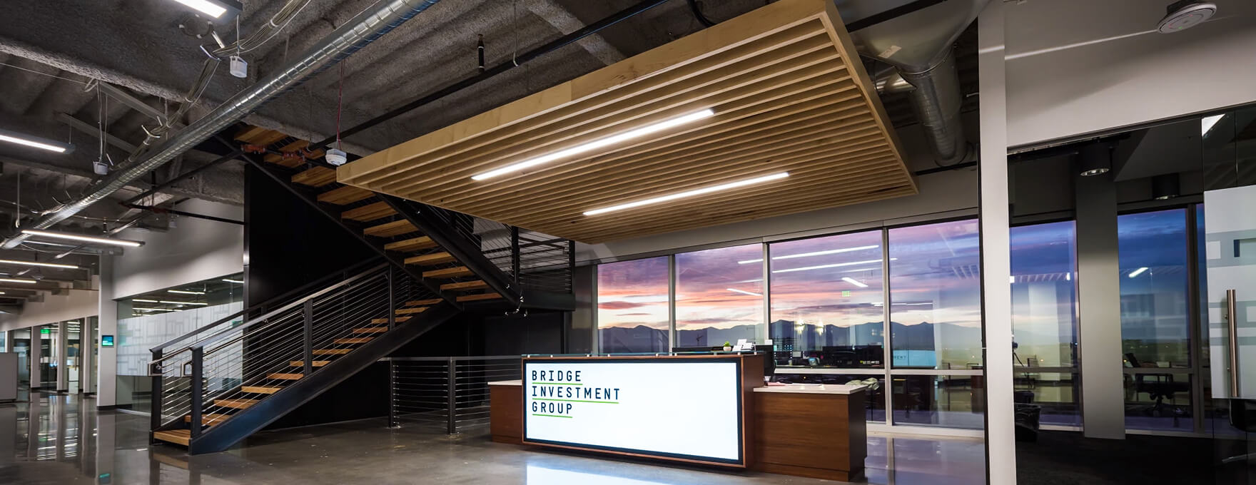 A wide view of the lobby of Bridge Investment Group